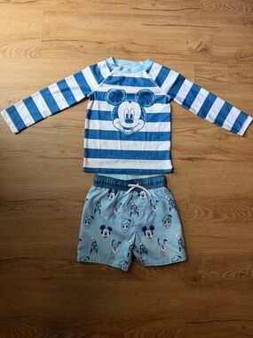 Disney Blue & White Striped Mickey Rash Guard Swim Set